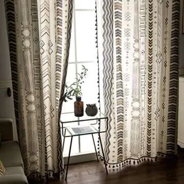 vctops Boho Geometric Print Curtains with Tassels Farmhouse Cotton Linen Room Darkening Window Drapes for Bedroom Grommet Top, 1 Panel (Beige,59"x71")