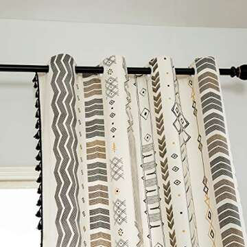 vctops Boho Geometric Print Curtains with Tassels Farmhouse Cotton Linen Room Darkening Window Drapes for Bedroom Grommet Top, 1 Panel (Beige,59"x71")