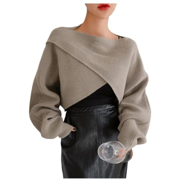 COZYEASE Women's Criss Cross Boat Neck Long Sleeve Crop Sweater Solid Casual Plain Sweater Coat Mocha Brown M