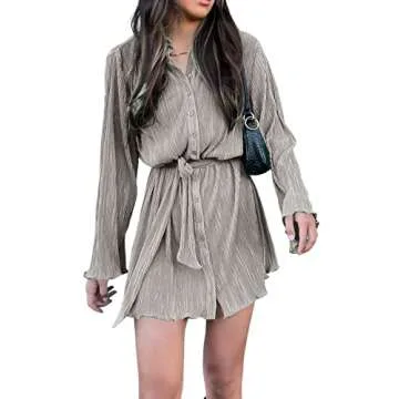 LYANER Women's Elegant Collar V Neck Mini Shirt Dress
