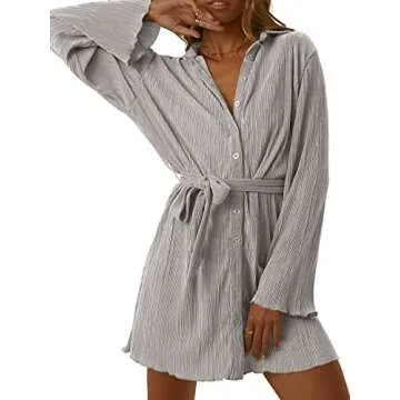 LYANER Women's Elegant Collar V Neck Mini Shirt Dress