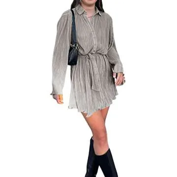 LYANER Women's Elegant Collar V Neck Mini Shirt Dress