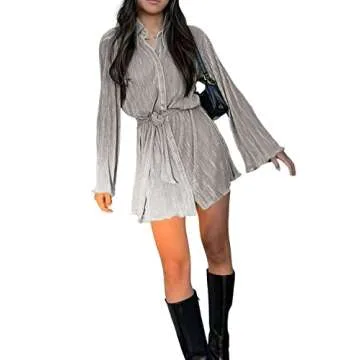 LYANER Women's Elegant Collar V Neck Mini Shirt Dress