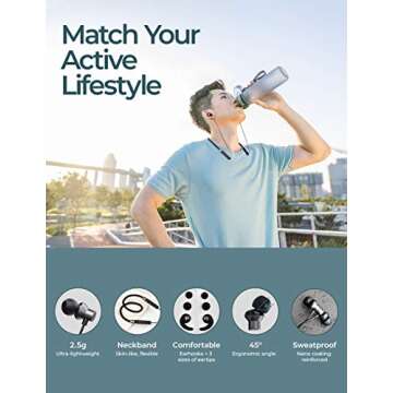 Linklike Comfort-Fit Small Earbuds - Foldable Neckband Bluetooth 5.0 Headphones Lightweight for Running & Workout, HiFi Stereo Sport Wireless Earphones w/HD Mic, IPX7 Waterproof, Earhooks (Black)