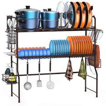 Skycarper Over The Sink Dish Drying Rack 2 Tier Organizer Shelf with Pan and Pot Rack Iron
