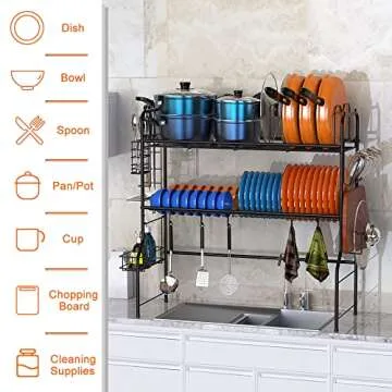 Skycarper Over The Sink Dish Drying Rack 2 Tier Organizer Shelf with Pan and Pot Rack Iron