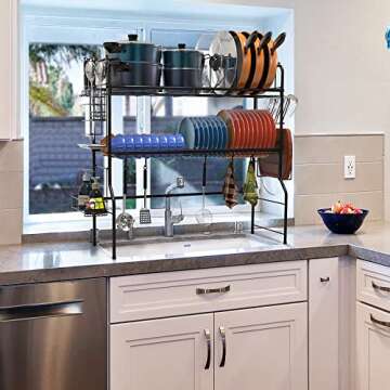 Skycarper Over The Sink Dish Drying Rack 2 Tier Organizer Shelf with Pan and Pot Rack Iron