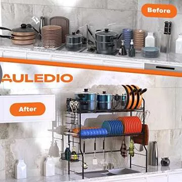 Skycarper Over The Sink Dish Drying Rack 2 Tier Organizer Shelf with Pan and Pot Rack Iron