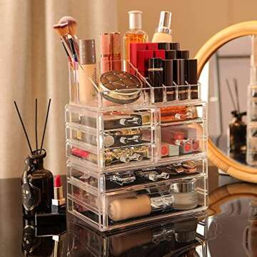 Cq acrylic 3 Pack Clear Skincare Organizer for Vanity, Stackable 7 Drawers Make Up Organizer,Cute Cosmetic Organizer for Vanity Jewelry,Hair Clip,Beauty,Skincare Product Dresser Acrylic Desk Organizer