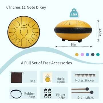Steel Tongue Drum 6 Inche 11 Note Steel Drums Rain Chime,Raindrop Drum,Rain Drum for Outside Garden（Yellow）