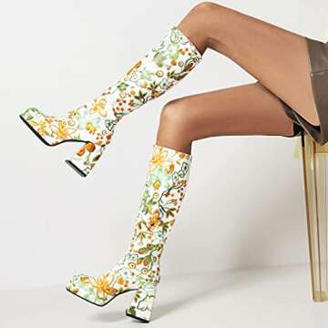 Goth Flower Chunky Heel Knee High Boots for Women