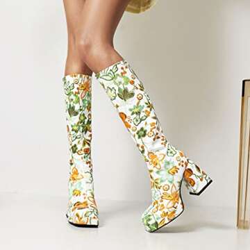 Goth Flower Chunky Heel Knee High Boots for Women
