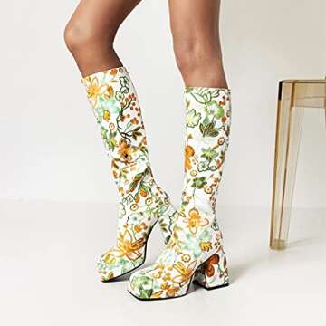 Goth Flower Chunky Heel Knee High Boots for Women