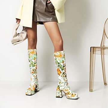 Goth Flower Chunky Heel Knee High Boots for Women