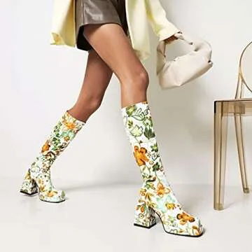 Goth Flower Chunky Heel Knee High Boots for Women