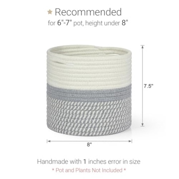 Dahey Jute Cotton Rope Plant Basket Mini Woven Storage Basket for Up to 7" Planter, Decorative Flower Pot Cover Closet Storage Bin Table Desk Organizer Modern Home Decor, Grey