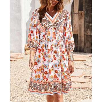 BTFBM Women Casual Summer Fall Dresses V Neck 3/4 Long Sleeve Ruffle Floral Flowy Boho Babydoll Mini...