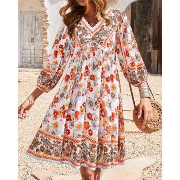 BTFBM Women Casual Summer Fall Dresses V Neck 3/4 Long Sleeve Ruffle Floral Flowy Boho Babydoll Mini Short Beach Dress(Floral White Red, Large)