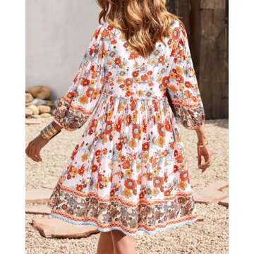 BTFBM Women Casual Summer Fall Dresses V Neck 3/4 Long Sleeve Ruffle Floral Flowy Boho Babydoll Mini Short Beach Dress(Floral White Red, Large)
