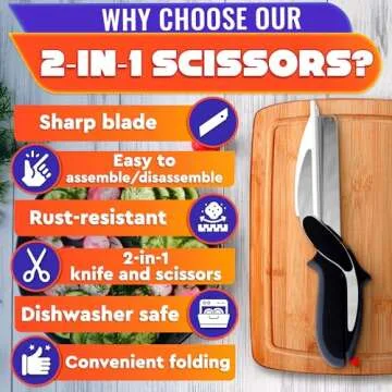 Kitchen Scissors for Food – 2-in-1 Cutting Board Scissors & Knife with Locking Mechanism & Stainless Steel Blades – Multifunctional Kitchen Shears for Effortless Chopping, Slicing & Meal Prep