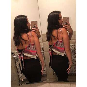 Women's Paisley Print Tie Back French Knot Hanky Hem Spaghetti Straps Handkerchief Cami Bandana Tube Crop Top Hot Pink