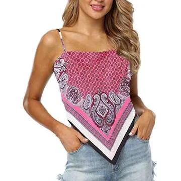 Women's Paisley Print Tie Back French Knot Hanky Hem Spaghetti Straps Handkerchief Cami Bandana Tube Crop Top Hot Pink