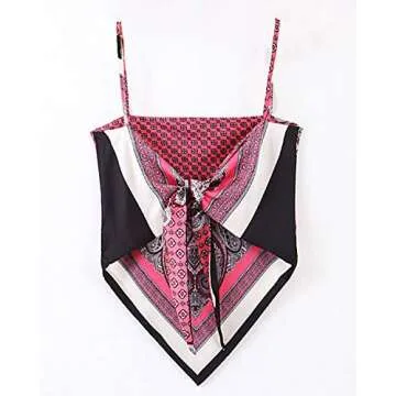 Women's Paisley Print Tie Back French Knot Hanky Hem Spaghetti Straps Handkerchief Cami Bandana Tube Crop Top Hot Pink