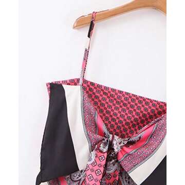 Women's Paisley Print Tie Back French Knot Hanky Hem Spaghetti Straps Handkerchief Cami Bandana Tube Crop Top Hot Pink