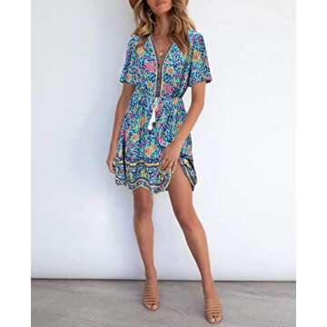 LEANI Women’s Summer V Neck Bohemian Floral Print Mini Dress Short Sleeve Ruffle Beach Short Dress Green M