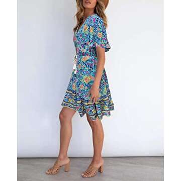 LEANI Women’s Summer V Neck Bohemian Floral Print Mini Dress Short Sleeve Ruffle Beach Short Dress Green M