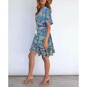 LEANI Women’s Summer V Neck Bohemian Floral Print Mini Dress Short Sleeve Ruffle Beach Short Dress Green M