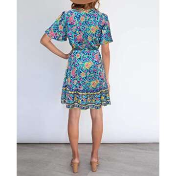 LEANI Women’s Summer V Neck Bohemian Floral Print Mini Dress Short Sleeve Ruffle Beach Short Dress Green M