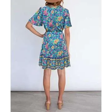 LEANI Women’s Summer V Neck Bohemian Floral Print Mini Dress Short Sleeve Ruffle Beach Short Dress Green M