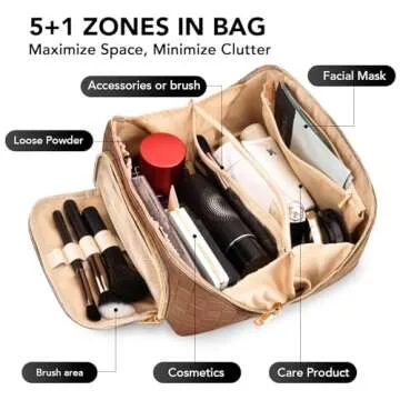 stona Travel Makeup Bag for Women, Large Capacity PU Leather Waterproof Checkered Cosmetic Bags, Portable Pouch Open Flat Toiletry Bag, Make up Organizer with Divider and Handle, Brown