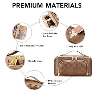 stona Travel Makeup Bag for Women, Large Capacity PU Leather Waterproof Checkered Cosmetic Bags, Portable Pouch Open Flat Toiletry Bag, Make up Organizer with Divider and Handle, Brown