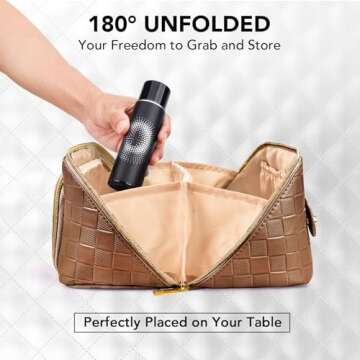 stona Travel Makeup Bag for Women, Large Capacity PU Leather Waterproof Checkered Cosmetic Bags, Portable Pouch Open Flat Toiletry Bag, Make up Organizer with Divider and Handle, Brown