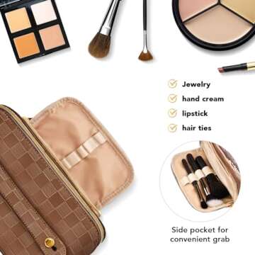 stona Travel Makeup Bag for Women, Large Capacity PU Leather Waterproof Checkered Cosmetic Bags, Portable Pouch Open Flat Toiletry Bag, Make up Organizer with Divider and Handle, Brown