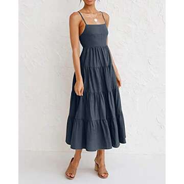 Fashionme Women Midi Maxi Dresses Summer Boho Beach Dress Backless Smocked Dress Tiered Fit and Flared Cutout Spaghetti Strap Slip Cami Casual/Formal Navy Blue