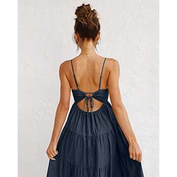 Fashionme Women Midi Maxi Dresses Summer Boho Beach Dress Backless Smocked Dress Tiered Fit and Flared Cutout Spaghetti Strap Slip Cami Casual/Formal Navy Blue