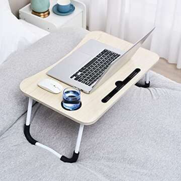 Lap Desk, Foldable Lap Desk Stand, Multifunction Lap Tablet with Cup Holder Perfect for Perfect for Watching Movie on Bed Or As Personal Dinning Table (Beige)