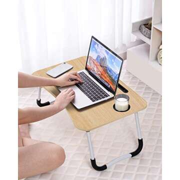 Lap Desk, Foldable Lap Desk Stand, Multifunction Lap Tablet with Cup Holder Perfect for Perfect for Watching Movie on Bed Or As Personal Dinning Table (Beige)