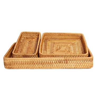 Rattan Tray Set of 3 - Serving Tray Wicker Rattan Set - Tabletop Cake, Fruit Platter, Coffee Table Tray - VILLAGE WONDERS