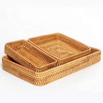 Rattan Tray Set of 3 - Serving Tray Wicker Rattan Set - Tabletop Cake, Fruit Platter, Coffee Table Tray - VILLAGE WONDERS