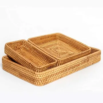 Rattan Tray Set of 3 - Serving Tray Wicker Rattan Set - Tabletop Cake, Fruit Platter, Coffee Table Tray - VILLAGE WONDERS