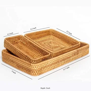 Rattan Tray Set of 3 - Serving Tray Wicker Rattan Set - Tabletop Cake, Fruit Platter, Coffee Table Tray - VILLAGE WONDERS