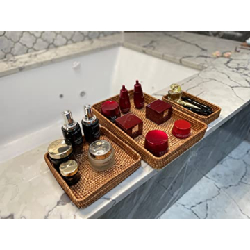 Rattan Tray Set of 3 - Serving Tray Wicker Rattan Set - Tabletop Cake, Fruit Platter, Coffee Table Tray - VILLAGE WONDERS