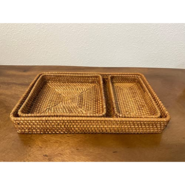 Rattan Tray Set of 3 - Serving Tray Wicker Rattan Set - Tabletop Cake, Fruit Platter, Coffee Table Tray - VILLAGE WONDERS