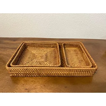 Rattan Tray Set of 3 - Serving Tray Wicker Rattan Set - Tabletop Cake, Fruit Platter, Coffee Table Tray - VILLAGE WONDERS