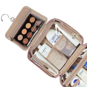 NISHEL Travel Toiletry Bag for Women Large Capacity, Makeup Essentials Organizer, Hanging Case for Accessories, Cosmetics, Rosewood-Pink