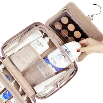 NISHEL Travel Toiletry Bag for Women Large Capacity, Makeup Essentials Organizer, Hanging Case for Accessories, Cosmetics, Rosewood-Pink